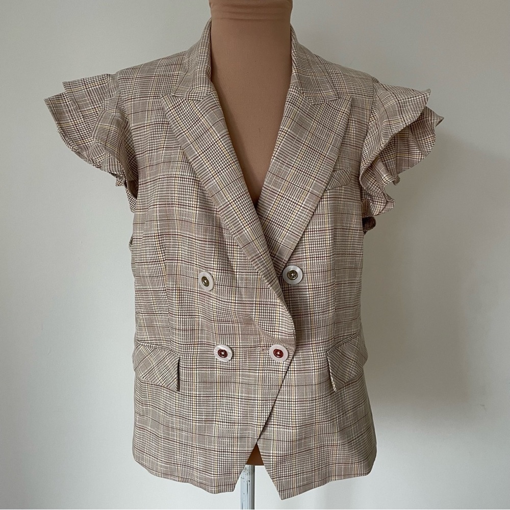 Veronica Beard Double Breasted Janae Khaki Plaid Flutter-Sleeve Vest NWT Size 12 - Picture 5 of 12